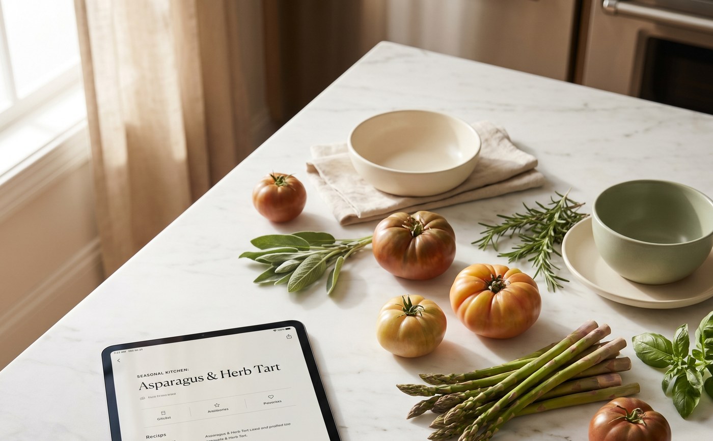 Verse ingrediënten en iPad met recept op marmeren keukenblad